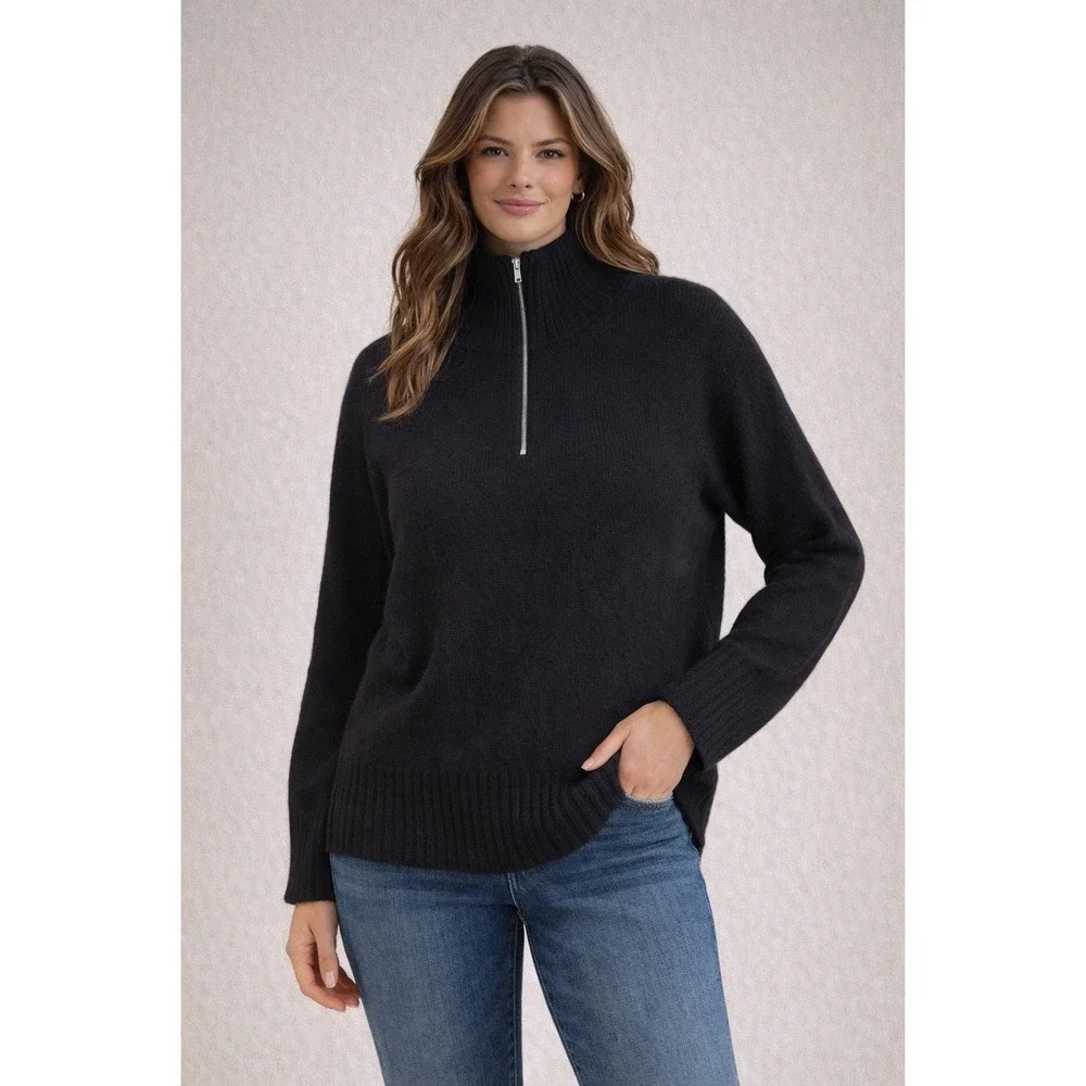Bloomingdale's C Cashmere Black Quarter Zip Sweater 100% 2-Ply‎ Cashmere XS